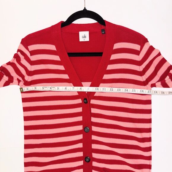 Cabi Picnic Cardigan Button Front Knit Cotton Red Pink Blue Striped Long Slv XS - Picture 9 of 14
